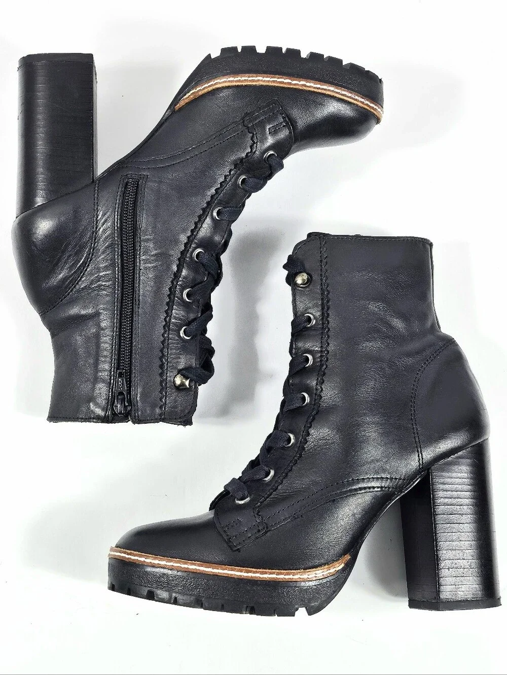 Chelsea & Violet Lexie Black Leather Lace-Up Block Heel Lug Sole Ankle Boot - Picture 10 of 16
